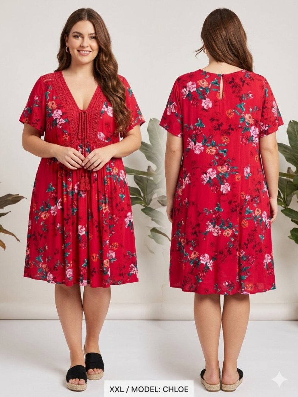 Torrid Red Floral Lace Trim Boho Midi Dress Size 2 (2X) Flutter Sleeve Pockets